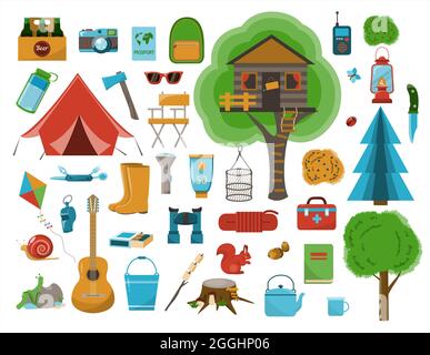 Ein großer Satz flacher Symbole für Camping. Vektorgrafik Cartoon-Illustration. Ausrüstung für Wandern, Bergsteigen und Camping-eine Reihe von Ikonen und Infografiken. Tr Stock Vektor