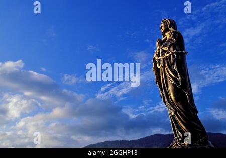 NEUKALEDONIEN. GROSSE INSEL. REGION BOURAIL. ROCHE PERCEE STRAND. DIE STATUE DER JUNGFRAU VON NOTRE DAME DES FLOTS Stockfoto