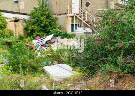 Fliegenkippen. Unrechtmäßig fliegenkippte Möbel und Gegenstände aus dem Haus, die in einem verlassenen, überwachsenen Innenhof eines geschlossenen Geschäftsgebäudes abgekippt wurden. Stockfoto