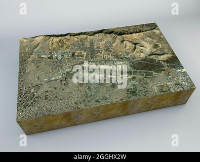 Satellitenansicht des Flughafens Kabul, des internationalen Flughafens Hamid Karzai, der Häuser, Straßen und Gebäude in der Nachbarschaft. Afghanistan. Nasa Stockfoto