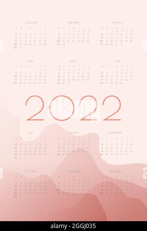 2022 Kalender mit roten Gradienten Fluidwellen-Formen. Vertikale Jahresvorlage für Druck und Digital. Die Woche beginnt am Sonntag Stock Vektor