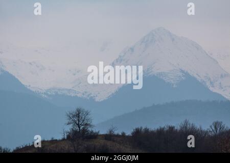 Die verschneite Karpaten-Bergkette, die in der Ferne durch dünnen Nebel gesehen wird. Stockfoto