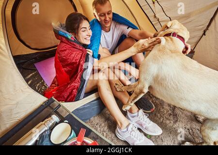 Fröhliche aktive Mann und Frau haben Spaß und spielen mit Haustier, während sie in der Natur Camping gehen Stockfoto