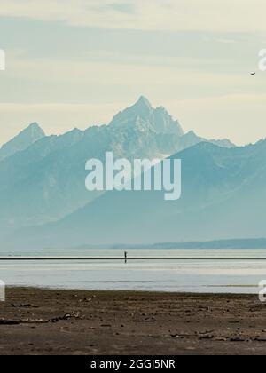 Mann auf See mit Bergen im Grand Teton National Park in Wyoming Stockfoto