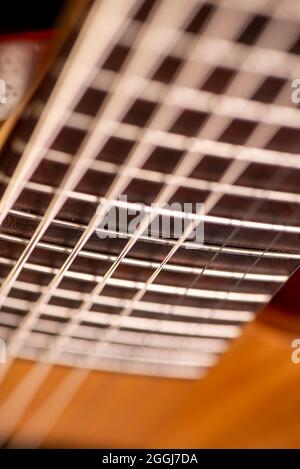 Teil des Halses und Korpus einer achtsaitigen E-Gitarre Stockfoto