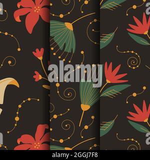 Set aus exotischen abstrakten Blättern mit nahtlosen Blumenmustern. Vektorgrafik Stock Vektor