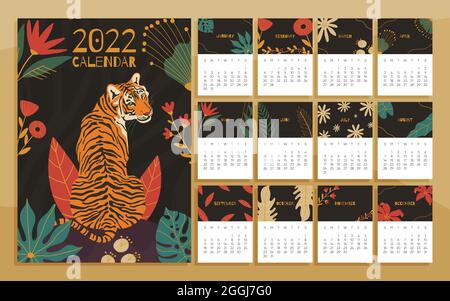 2022 Jahre Kalenderkonzept mit handgezeichneten Illustrationen von Tiger- und Dschungelblättern. Stock Vektor