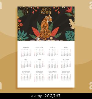 2022 Jahre Kalenderkonzept mit handgezeichneten Illustrationen von Tiger- und Dschungelblättern. Stock Vektor