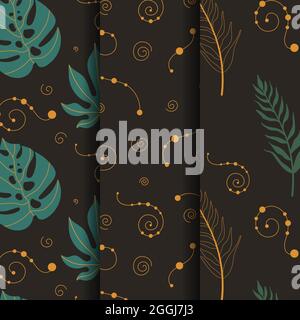 Set aus exotischen abstrakten Blättern mit nahtlosen Blumenmustern. Vektorgrafik Stock Vektor