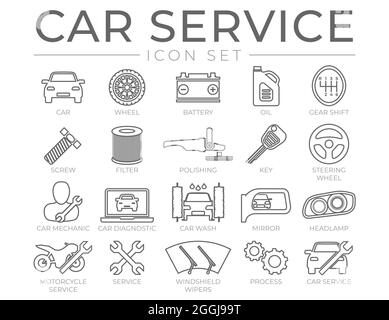 Car Service Outline Icons Set mit Batterie, Öl, Getriebeumschalter, Filter, Polieren, Schlüssel, Lenkrad, Diagnose, Waschen, Spiegel, Scheinwerfer-Symbole Stock Vektor