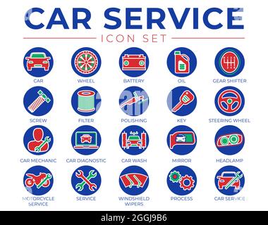 Kfz-Service-Rundum-Icons-Set mit Batterie, Öl, Getriebeumschalter, Filter, Polieren, Schlüssel, Lenkrad, Diagnose, Waschen, Spiegel, Scheinwerfer-Symbole Stock Vektor