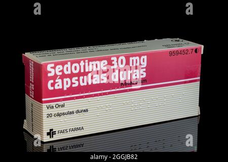 Huelva, Spanien - 28. August 2021: Spanische Schachtel mit der Marke Sedotime von Ketazolam. Drug Benzodiazepin Derivat. Es besitzt anxiolytische, antikonvulsivierende, SED Stockfoto