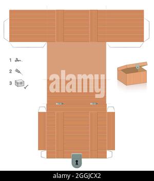 Vorlage aus Holzkiste mit Deckel, der geöffnet werden kann. Schatztruhe Papiermodell. Ausschneiden, falten und kleben. Stockfoto