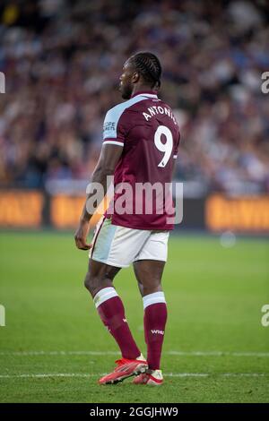 LONDON, ENGLAND - 23. AUGUST: Michail Antonio während des Premier League-Spiels zwischen West Ham United und Leicester City im London Stadium am August Stockfoto