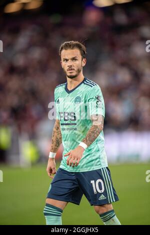 LONDON, ENGLAND - 23. AUGUST: James Maddison während des Premier League-Spiels zwischen West Ham United und Leicester City im London Stadium auf Augu Stockfoto