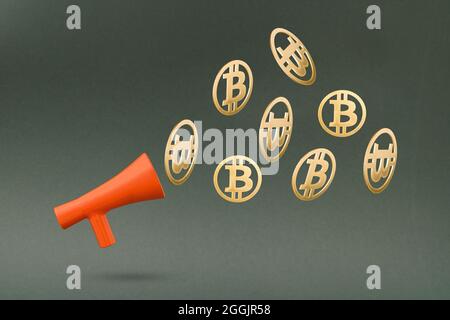 Bitcoin goldenes Münzsymbol mit rotem Megaphon auf schwarzem Hintergrund. Virtuelles Kryptowährung Bitcoin das zukünftige Goldmünzkonzept. 3D-Abbildung hinten Stockfoto