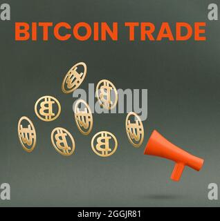 Bitcoin Handel goldene Münzen Symbol mit rotem Megaphon ahainst schwarzen Hintergrund. Virtueller Markt für Kryptowährungen. Angst vor dem Verfehlen (Fomo) in Bi Stockfoto