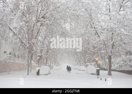 Madrid, Spanien. Am 8-10 2021. Januar traf Filomena, eine massive Kaltfront, Spanien. Der Schneesturm in Madrid gilt als der größte, der jemals dort verzeichnet wurde Stockfoto