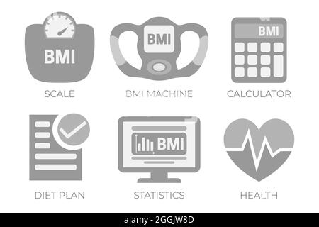 BMI Body Mass Index Calculation Gray Illustration Icon Set mit BMI-Gerät, Skalenmessung und Gesundheit, BMI-Rechnersymbolen. Stock Vektor