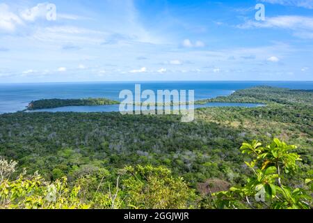 Schöne Luftaufnahme von Waldbäumen und Tapajos Fluss im Amazonas Regenwald in sonnigen Sommertag. Alter do Chão, para, Brasilien. Konzept der Natur. Stockfoto