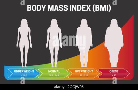 BMI Body Mass Index Infografik Schwarz oder Dunkel Vektorgrafik mit Frauen-Silhouetten vom Untergewicht zum fettleibigen Poster Stock Vektor