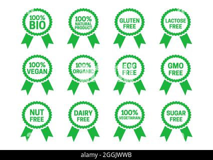 Set aus 100% Bio, Natural, Organic, Vegan, Vegetarian Badge Flat Icon Collection isoliert Stock Vektor