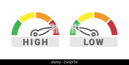 Messskala für niedrige und hohe Spurweite Tachometer-Symbol von einem isolierten grünen zu einem roten Vektor Stock Vektor