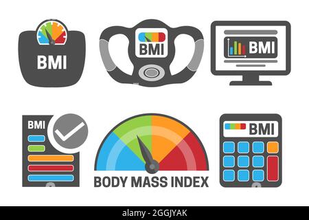 BMI Body Mass Index Calculation Gray Illustration Icon Set mit BMI-Gerät, Skalenmessung und Gesundheit, BMI-Rechnersymbolen. Stock Vektor