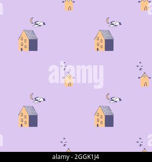 Graues Hintergrundmuster mit gelben und blauen Häusern, Mond, Wolken und Vögeln. Stock Vektor