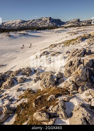 Zwei Skifahrer auf einer Skitour mit Pulka-Material-Schlitten durch das Naturschutzgebiet Réserve naturelle des Hauts Plateaus du Vercors Stockfoto
