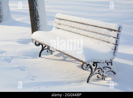 Park Holzbank nach Schneesturm. Die Ostküste ist in einem „Bombenzyklon“ eingefroren. Stockfoto