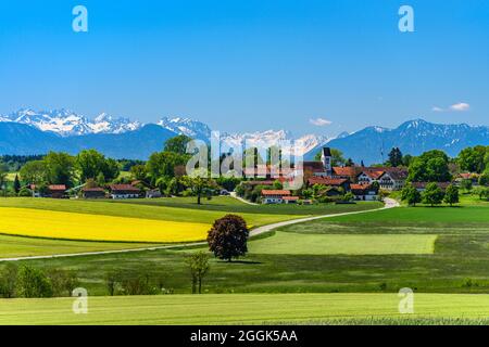 Deutschland, Bayern, Oberbayern, Tölzer Land, Egling, Bezirk Ergertshausen, Frühlingslandschaft mit Blick auf die Voralpen und das Karwendelgebirge, Blick auf Schönberg Stockfoto