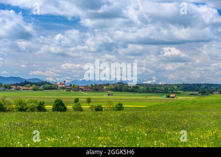 Deutschland, Bayern, Oberbayern, Tölzer Land, Dietramszell, Bezirk Lochen, Frühlingslandschaft und Stadtansicht mit St. Magdalena Kirche gegen Alpenkette Stockfoto