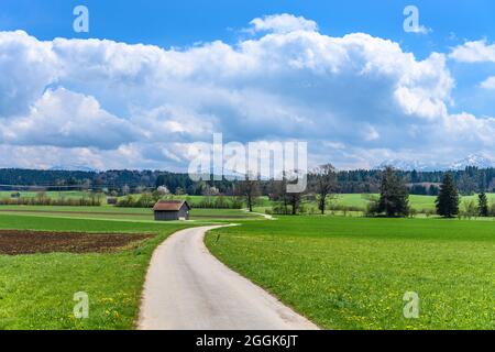 Deutschland, Bayern, Oberbayern, Pfaffenwinkel, Polling, Stadtbezirk, Kulturlandschaft an der Kirche von Sankt Andreas am Fuße der Alpen Stockfoto