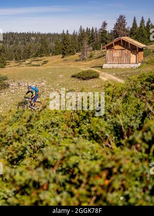 Mountainbiker auf Tour durch das Naturschutzgebiet Hauts-Plateaus du Vercors, Departement Auvergne-Rhône-Alpes. Stockfoto