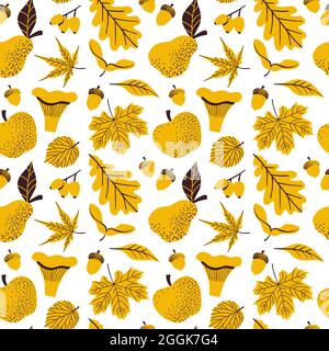 Herbst nahtloses Muster mit Blättern, Beeren, Pilzen, Apfel, Birne. Handgezeichnete Vektorgrafik im skandinavischen Stil Stock Vektor