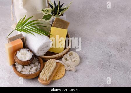 Wiederverwendbare Pflegezubehör. Zero Waste nachhaltiges Lifestyle-Konzept Stockfoto