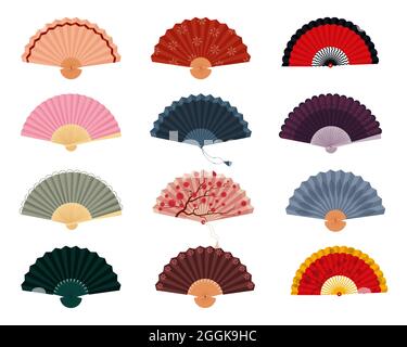 Handlüftersatz. Japanischer, spanischer und chinesischer Stil auf Fan. Vektor-isolierte Illustration auf weißem Hintergrund Stock Vektor