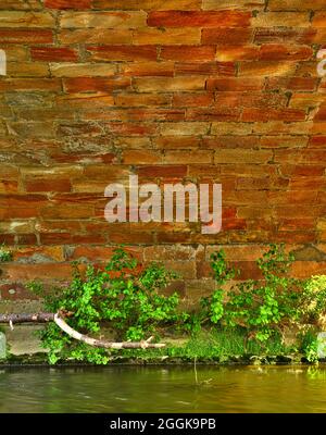 Europa, Deutschland, Hessen, Naturpark Lahn-Dill-Bergland, Detail der historischen Sandsteinbrücke über die Lahn in Goßfelden, Blick von unten Stockfoto