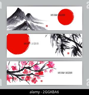 Drei schöne Banner mit japanischen Naturmotiven. Sumi-e. Handgezeichnete Illustration Stock Vektor