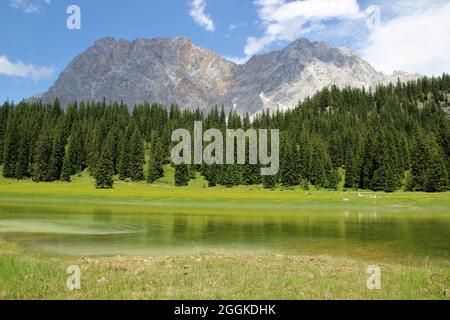 Igelsee im Gaistal bei Ehrwald. Österreich, Tirol, Leutasch, Leutaschtal, Gaistal, Gebirge, Alpen, Wettersteingebirge mit Zugspitze (2962 m) Stockfoto