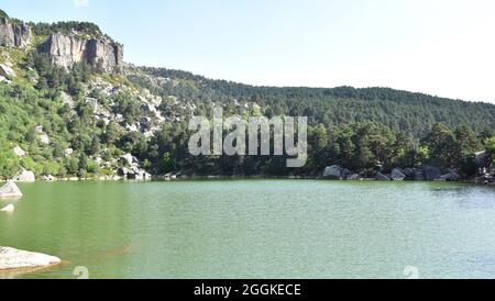 Schwarze Lagune in der Provinz Soria, Spanien. Schottischer Kiefernwald und Felsen. Stockfoto