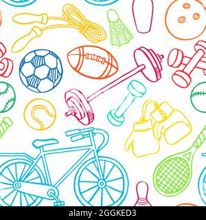 Nahtloser Hintergrund mit bunten Sportgeräten. Handgezeichnete Illustration Stock Vektor