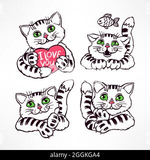 Set aus vier niedlichen lächelnden Katzen. Handgezeichnete Illustration Stock Vektor