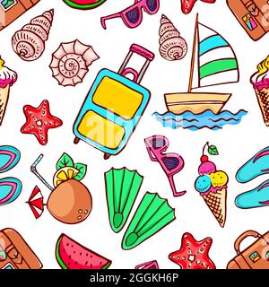 Urlaub. Nahtloses Muster mit Sommer-Symbolen. Handgezeichnete Abbildung Stock Vektor