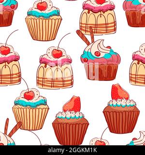 Nahtloser Hintergrund von niedlichen Cupcakes mit Creme und Beeren Stock Vektor