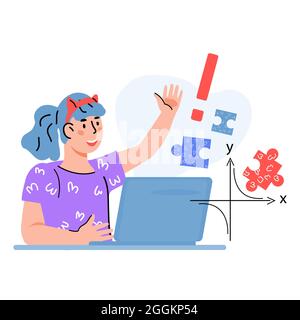 Smart clever Kind Mädchen aus der Ferne studieren und mit Lösung für mathematische Aufgabe, flache Cartoon-Vektor-Illustration auf weiß isoliert. Kinder online e Stock Vektor