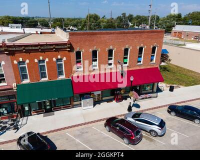 Luftaufnahme des Mulholland Lebensmittelgeschäftes, Main Street, Malvern, Iowa, USA. Stockfoto