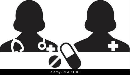Medical Icon Arzt mit Patientenvektor mit Pille und Tablette für die medizinische Behandlung und Konsultation in einer Glyphe Piktogramm-Illustration Stock Vektor