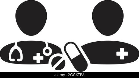 Arztsymbol mit Patientenvektor mit Pille und Tablette zur medizinischen Behandlung und Konsultation in einer Glyphen-Piktogramm-Illustration Stock Vektor
